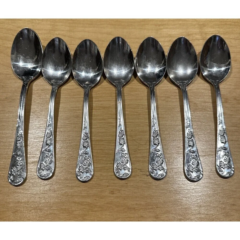 REED & BARTON Stainless QUEEN'S GARDEN Set Of 7 SOUP SPOONS 6”
